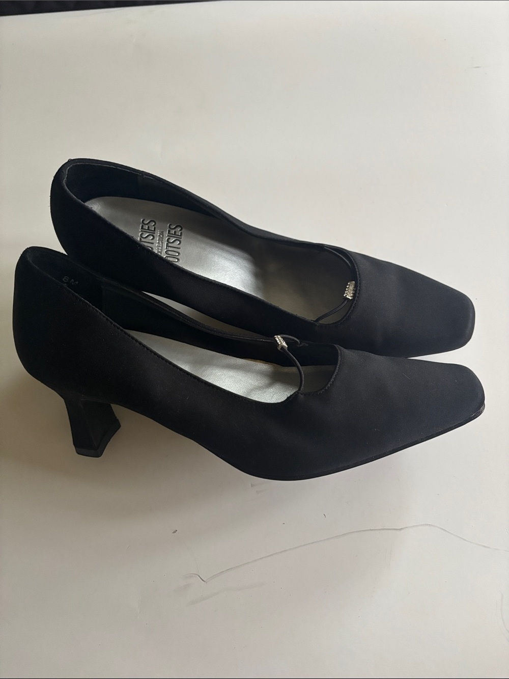 Black Satin Square-Toe Pumps with Bead Accent